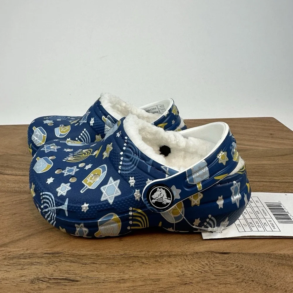 New Little Kids Crocs Classic Lined‎ Blue Hanukkah Clogs Shoes Sandals Size 7 C
